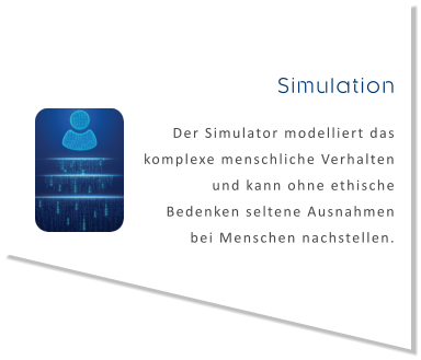 Simulation Der Simulator modelliert daskomplexe menschliche Verhaltenund kann ohne ethischeBedenken seltene Ausnahmenbei Menschen nachstellen.